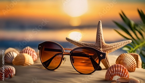 holiday summer sunglasses starfish seashells on seashore landscape beach background