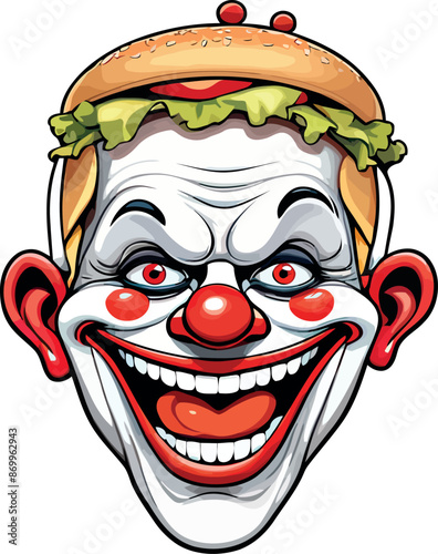 Hilarious Clown with Burger Illustration - Perfect for Fun Marketing Campaigns