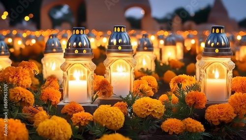 memorializing loved ones candlelight vigil on all saints day with illuminated graves and marigold flowers photo