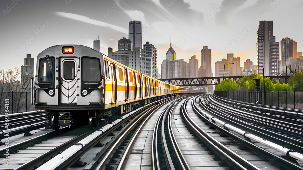 Fototapeta premium Commuter train speeds through city vanishing into skyline, AI Generative.