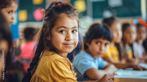 A young girl in a yellow dress is attentively looking forward in a classroom, representing the focus, curiosity, and eagerness to learn among her peers.