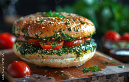 Close Up of a Sesame Seed Bagel Sandwich With Pesto and Tomatoes on a Wooden ...
