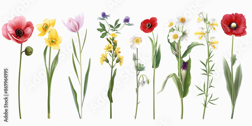 Colourful Botanical Illustration of Various Wildflowers on transparent background © Knowledge Master