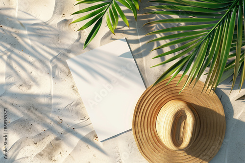 Summer mockup with blank white paper, summer beach hat and palm leaves, beach summer vacation background