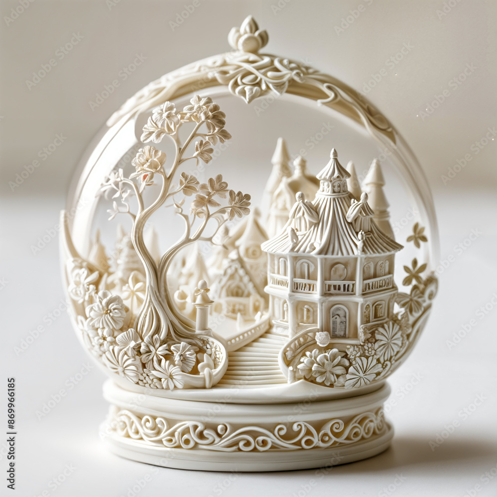 Delicate glass dome with intricate carvings depicting a fairy-tale village and castle, set against a backdrop of trees and a winding path. Delicate glass dome with intricate carvings depicting a fairy-tale village and castle, set against a backdrop of trees and a winding path.