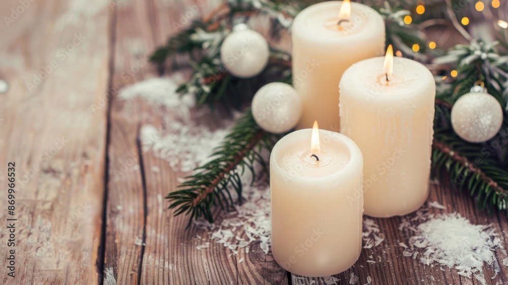 white candles , Christmas themed, laying on a wooden table, desktop or website background white candles , Christmas themed, laying on a wooden table, desktop or website background