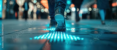 An advanced pedestrian guidance system with AIdriven holographic arrows that appear on sidewalks to show the best routes, with copy space high tech