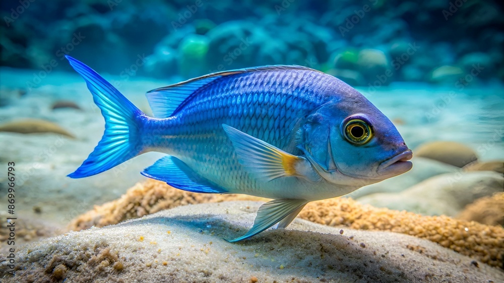 Un poisson bleu immobile au fond de l'eau sur du sable - generative AI. Un poisson bleu immobile au fond de l'eau sur du sable - generative AI.
