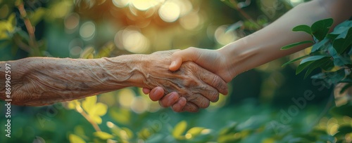 Close-Up of Elderly Hand Shaking Younger Hand in a Sunny Forest Setting