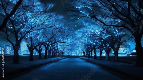 Bioluminescent trees in city parks light up to reveal holographic cityscapes © JK_kyoto