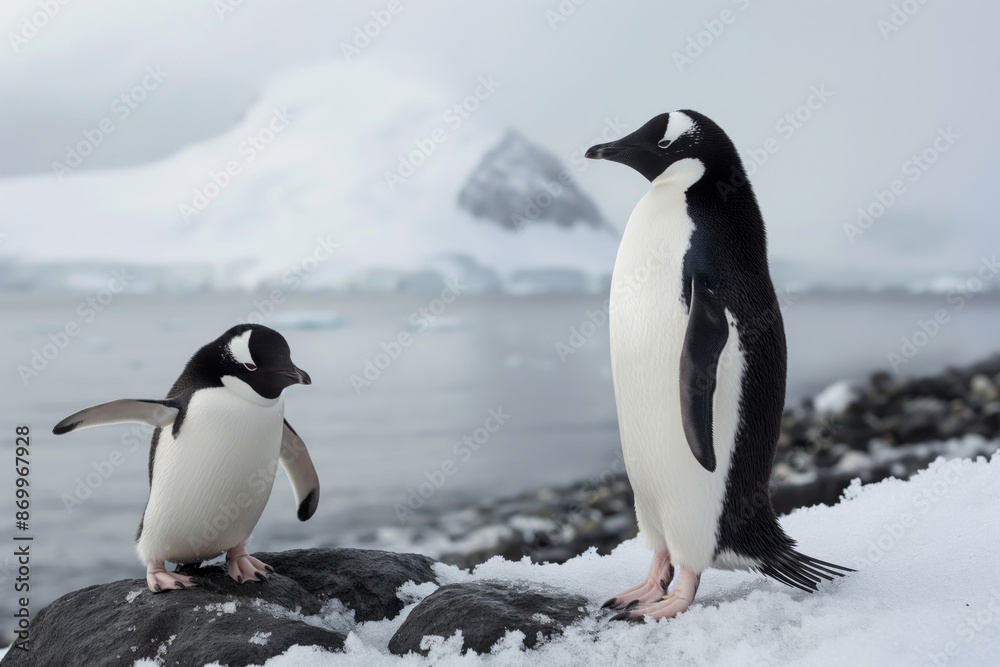 Naklejka premium Two penguins standing on snowy rocks by the icy water in an Antarctic landscape, snow-covered mountains in the background