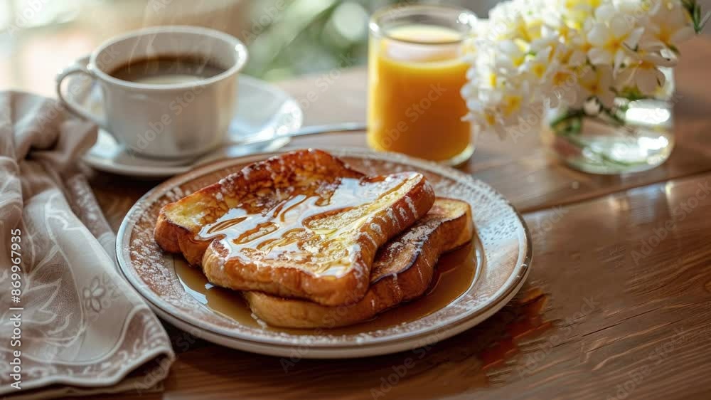 Zooming in on a Delicious Plate of French Toast with Coffee and Orange Juice