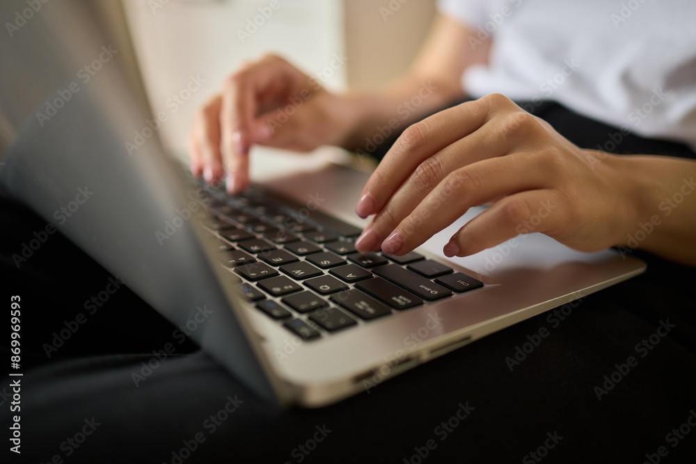 Woman Typing on Laptop for Work, Close-up Shot Remote Work, Freelancing, Home Office Woman Typing on Laptop for Work, Close-up Shot Remote Work, Freelancing, Home Office