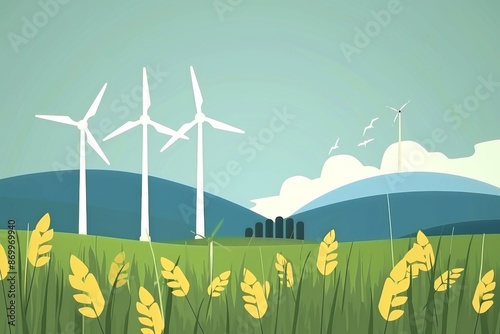Wind turbines and green field illustration renewable energy eco friendly technology green power sustainable environment nature clean energy environmental consciousness vibrant cartoon