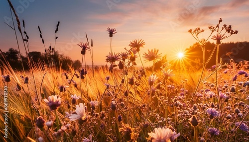 beautiful meadow with wild flowers over sunset sky beauty nature field background with sun flare bokeh silhouettes of wild grass and flower sunny summer or autumn nature backdrop © Giada