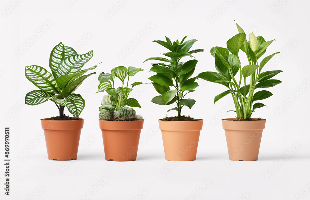 Obraz premium Various potted houseplants in different pots on a white background.