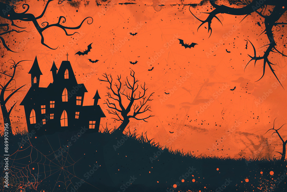 A Halloween scene with a house and bats flying around it. Orange background A Halloween scene with a house and bats flying around it. Orange background