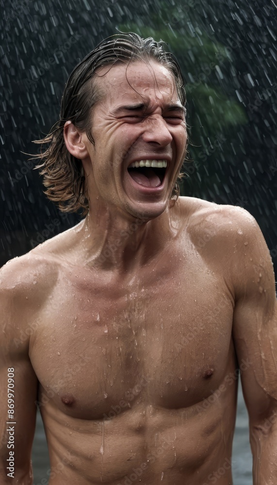 portrait of a man laughing under the rain portrait of a man laughing under the rain