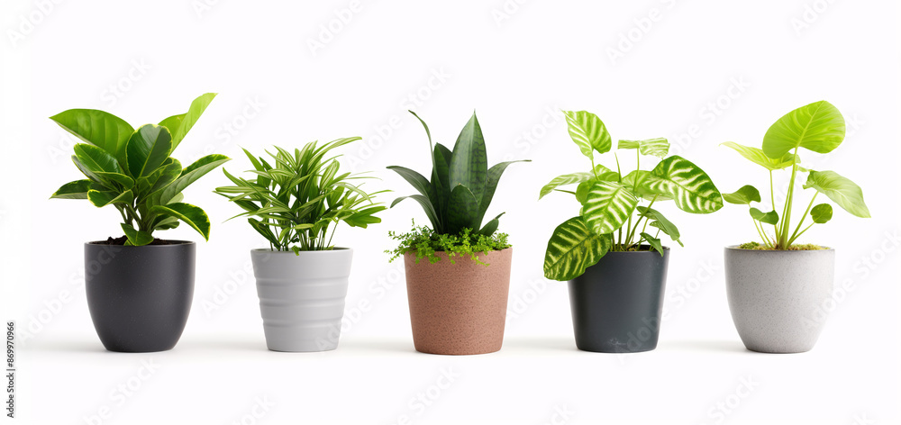 Various potted houseplants in different pots on a white background. Various potted houseplants in different pots on a white background.