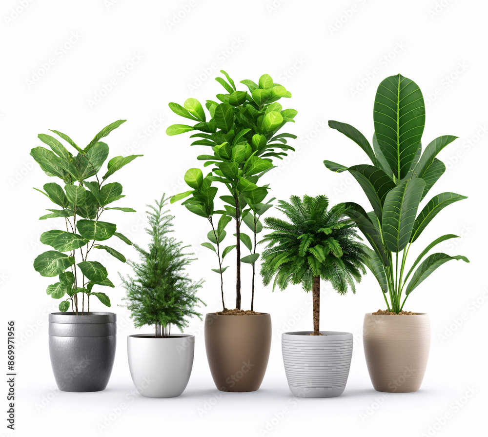 Fototapeta premium Various potted houseplants in different pots on a white background.