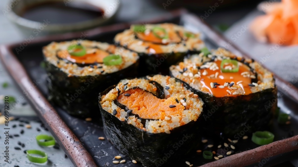 These vegetarian buckwheat sushi rolls are packed with tempurafried sweet potato and drizzled with a tangy ginger sauce. These vegetarian buckwheat sushi rolls are packed with tempurafried sweet potato and drizzled with a tangy ginger sauce.