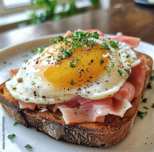 Fried Egg Ham and Toast Breakfast Sandwich With Herbs and Spices