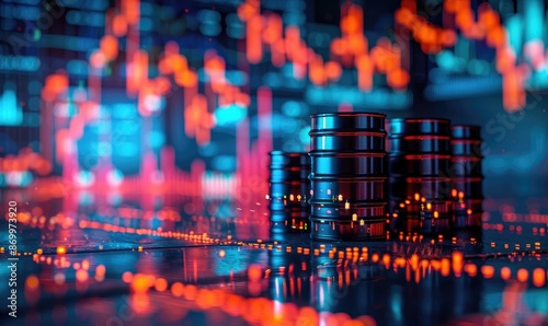 Stock Market Graph with Oil Barrel Overlay, Indicating Increasing Oil Prices photo