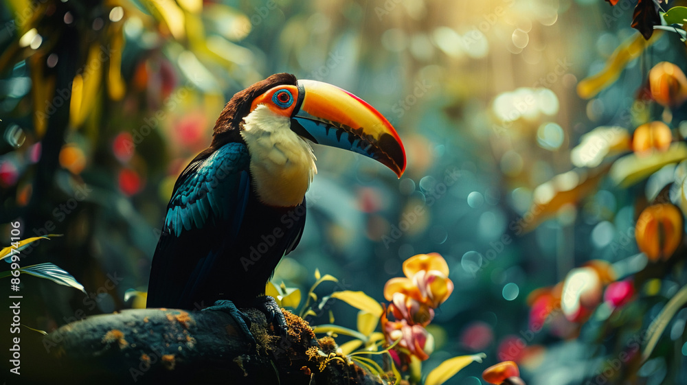 Fototapeta premium Vibrant toucan perching on branch, AI Generative.