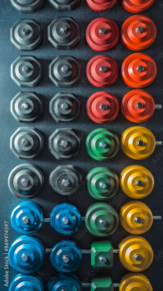 Colorful dumbbells arranged in rows on a rack. Concept of fitness equipment, weightlifting, gym, exercise. Vertical Colorful dumbbells arranged in rows on a rack. Concept of fitness equipment, weightlifting, gym, exercise. Vertical