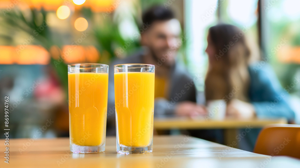 Closeup of two glasses of orange juice, copy space, young man and woman, happy smiling male and female friends hanging out in a restaurant, talking in cafeteria interior. Communication or conversation Closeup of two glasses of orange juice, copy space, young man and woman, happy smiling male and female friends hanging out in a restaurant, talking in cafeteria interior. Communication or conversation