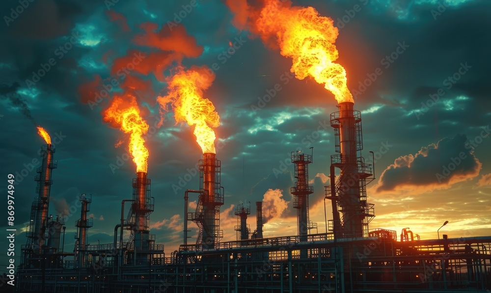Close-Up of Gas Flare Burning at an Oil Refinery, Highlighting Industrial Pollution Close-Up of Gas Flare Burning at an Oil Refinery, Highlighting Industrial Pollution