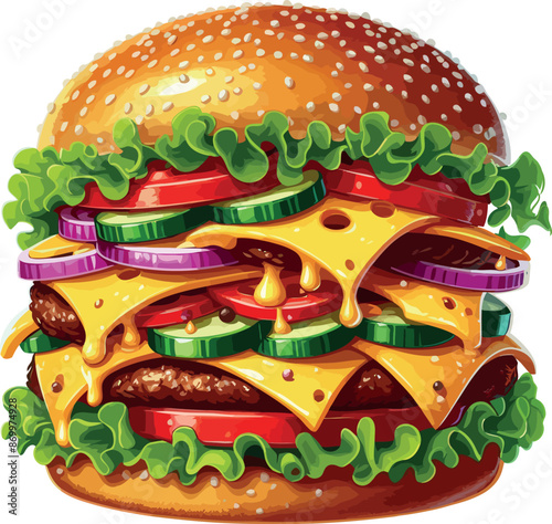 Mouth-Watering Burger with Cheese and Fresh Toppings Clipart for Food Lovers