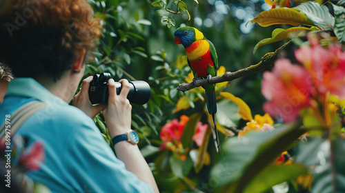 Birdwatching tourist enthusiasts standing with their binoculars and cameras, safari adventure trip