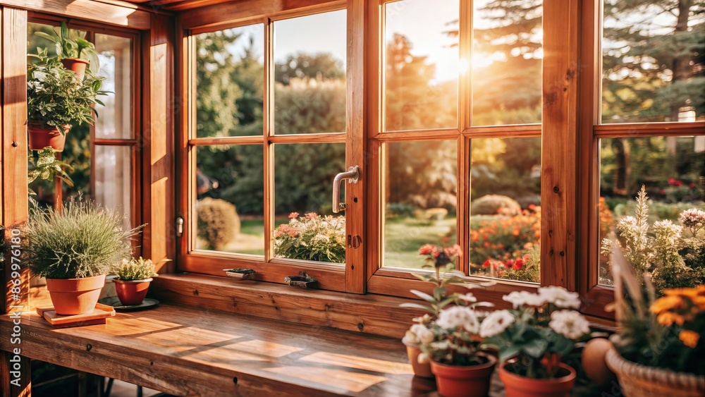 Summer Garden View through a Wooden Window, Bright and Beautiful Home Design with Nature and Relaxation in Mind Summer Garden View through a Wooden Window, Bright and Beautiful Home Design with Nature and Relaxation in Mind