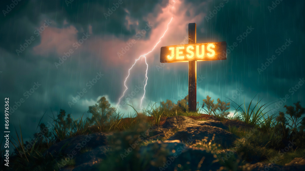 Glowing text Jesus on wooden cross on a hill. Copy space, Christianity Bible religion faith, Christ crucifixion and resurrection, symbol of hope for heaven, redemption at Calvary, banner, poster Glowing text Jesus on wooden cross on a hill. Copy space, Christianity Bible religion faith, Christ crucifixion and resurrection, symbol of hope for heaven, redemption at Calvary, banner, poster