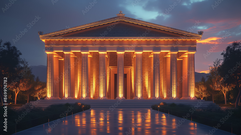 Obraz premium Majestic Greek Temple at Night Illuminated by Soft Lighting