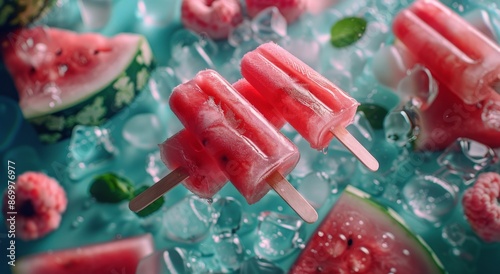 Watermelon and Raspberry Popsicles on Ice