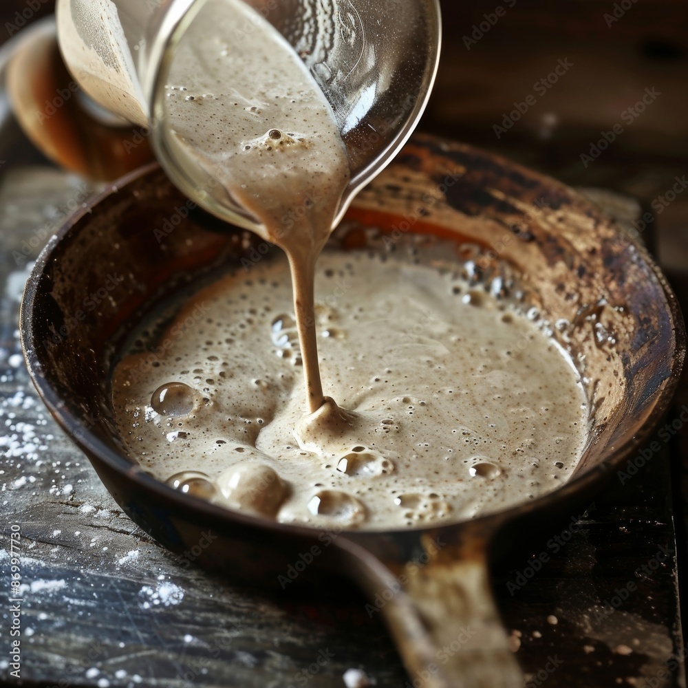 Fototapeta premium A glass pitcher filled with batter made from buckwheat flour ready to be poured onto a sizzling pan.