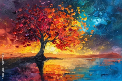 Vibrant tree with colorful leaves reflected on calm water under a dynamic sky a captivating scene of natures beauty