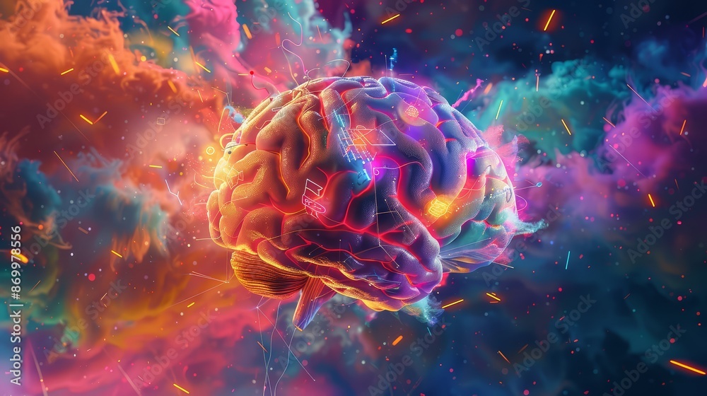 A concept piece showing a brain with explosive bursts of color and light A concept piece showing a brain with explosive bursts of color and light