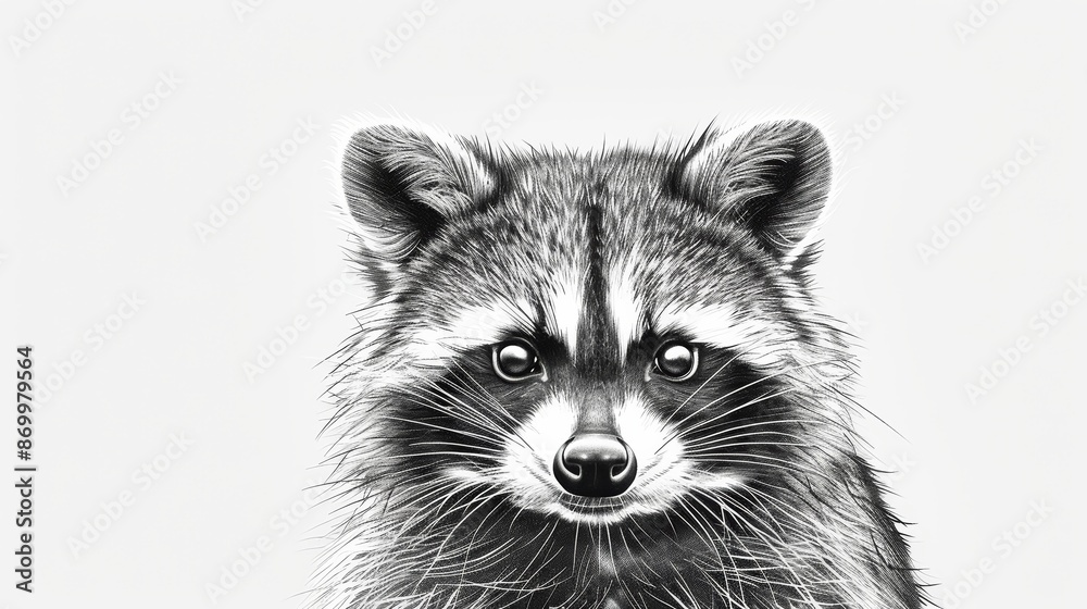 Fototapeta premium A curious raccoon, with its distinctive mask, is illustrated in fine black lines on a white canvas