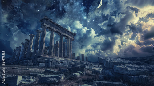 Ancient Greek temple on dark sky background, old building ruins and moon at night in summer. Concept of fantasy, history, Greece, antique, travel, mystery. © karina_lo