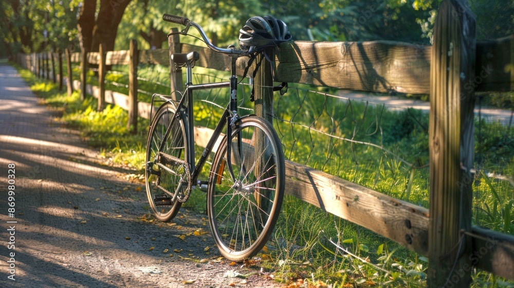Bicycle leaned against a wooden fence on a sunny day in the park. Concept of outdoor activity, cycling, nature, recreation Bicycle leaned against a wooden fence on a sunny day in the park. Concept of outdoor activity, cycling, nature, recreation