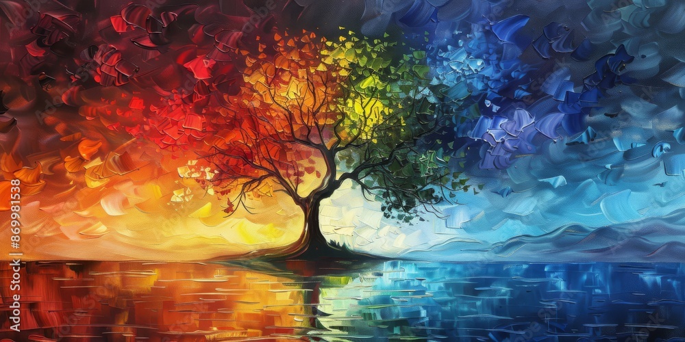 Fototapeta premium The abstract painting shows a tree with colorful leaves under a dramatic sunset sky, conveying beauty and harmony