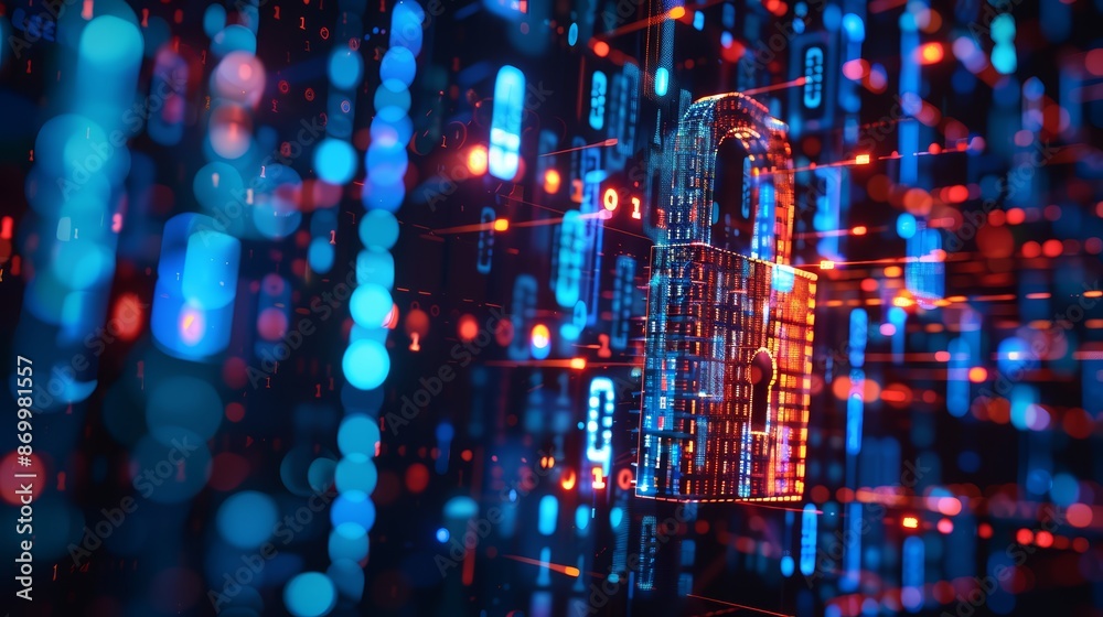 Obraz premium A cyber security-themed photograph of a digital lock, with binary code and data streams in the background