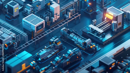 Industry 4.0 smart factory interior showcases IIoT machines, efficient workstations, and automated production lines, optimizing the manufacturing process for improved performance. 