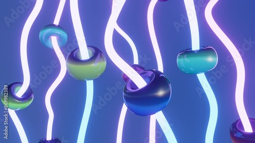 Animated 3D glass rings rise up along neon curved paths. Multicolored glossy geometric shapes. Slow moving smooth objects. Colorful neon lights. Horizontal 3d animation. Creative Stock Video