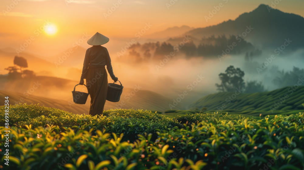 Fototapeta premium green fresh organic agriculture tea garden field on hill with blurred gardener at complex mountains farm in the morning sunrise.