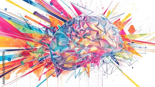 A detailed drawing of a brain with an array of colorful beams and geometric shapes bursting forth