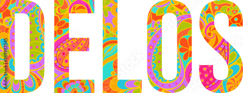 Delos island text title with floral doodle pattern. Unique place name vector design, use for article header, merch print, travel blog, postcard, wall art print  .